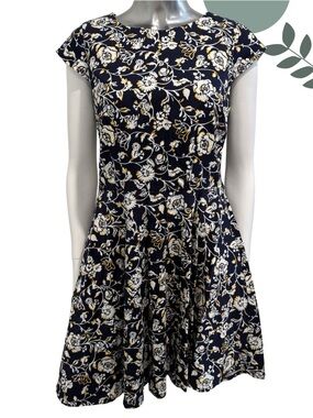 Navy Floral Fit & Flare Dress Cap Sleeve medium